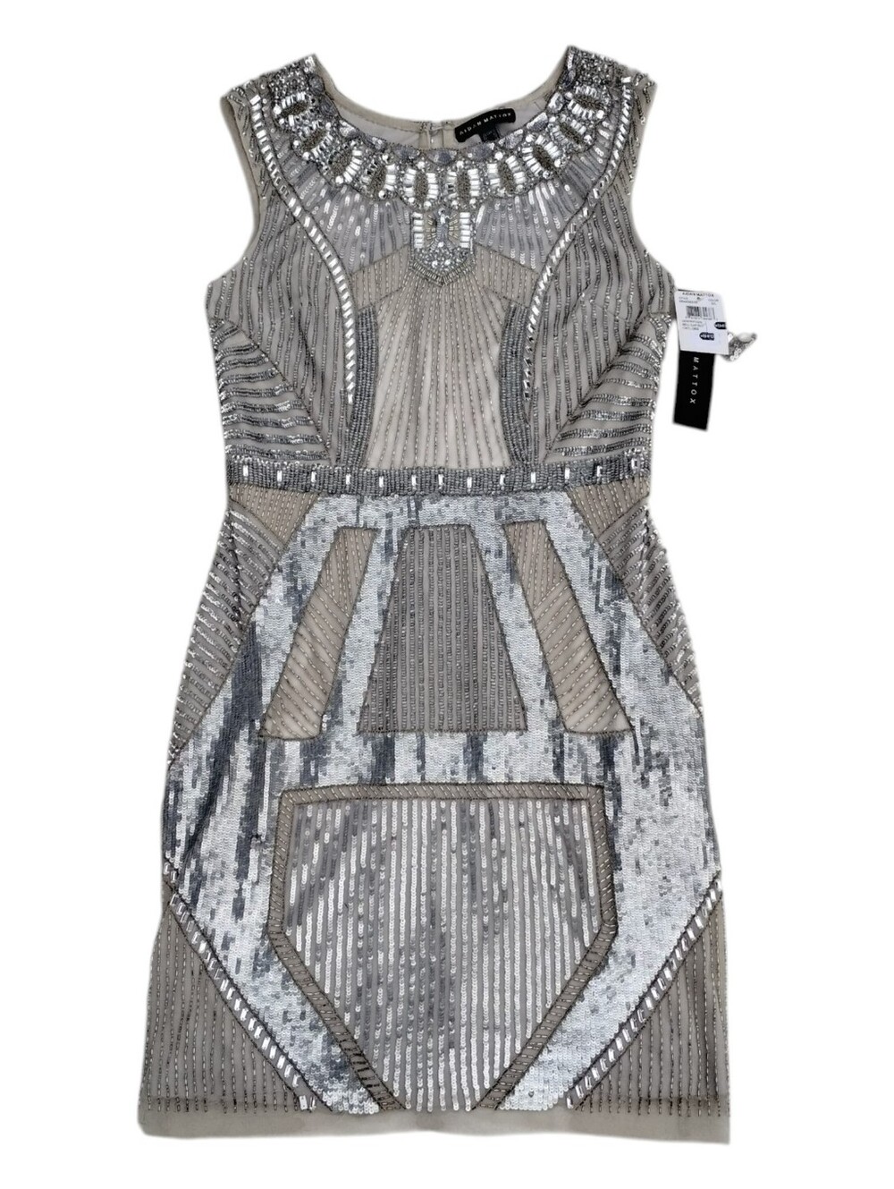 NWT Aidan Mattox Silver Beaded Sheath Dress Size 10 Short Sequin Party Cocktail